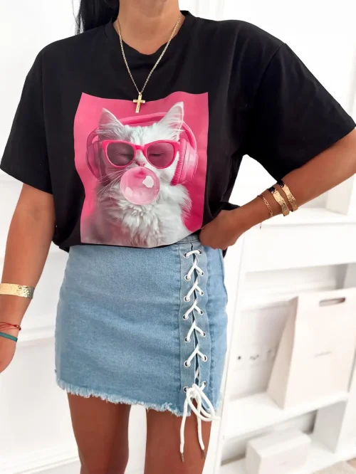 T-shirt damski oversize z nadrukiem kota i okularami